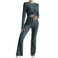 thumbnail image 1 of YUGYXL Ribbed 2 Piece Outfits for Women Long Sleeve Front Crop Top with Flare Long Pants Sweatsuits Loungewear Sets Blue S, 1 of 9