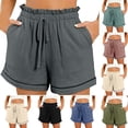 thumbnail image 1 of YUGYXL Ruffle Shorts for Women Drawstring Stretch Waist Lightweight Shorts Teen Girl Cute High Waist Shorts with Pockets Purple M, 1 of 9
