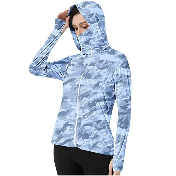 YUGYXL Running Workout Sun Shirt for Women UPF 50+ Long Sleeve Zip Up Hoodie Jacket Lightweight UV Protection Clothing L Blue