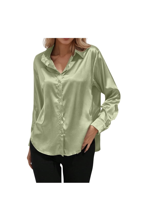 Satin Blouses for Women Casual Long Sleeve Button Down Silk Shirts Dressy Business Work Tunic Top Green L
