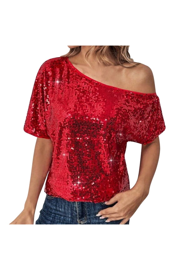 Sequin Off The Shoulder Tops for Women Elegant Short Sleeve Tops Dressy Party Shirts Casual Cocktail Evening Pullover Red M