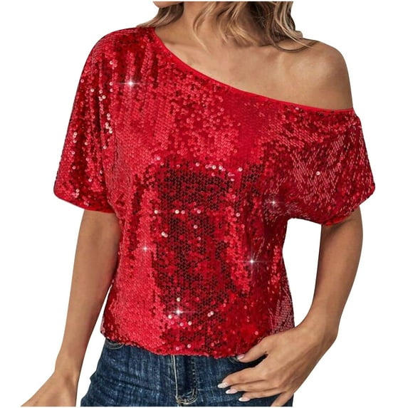 YUGYXL Sequin Off The Shoulder Tops for Women Elegant Short Sleeve Tops Dressy Party Shirts Casual Cocktail Evening Pullover Red S