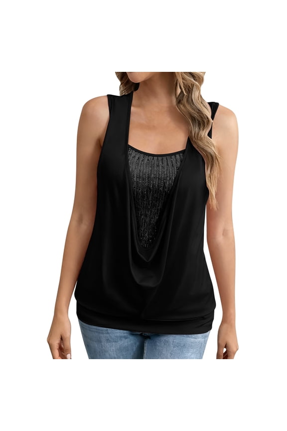 Sequin Sleeveless Tank Tops for Women Patchwork Glitter Sparkly Cami Blouse for Party Evening Shirt Black S
