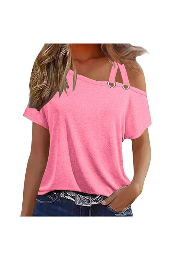 Sexy Cold One Shoulder Tops for Women Summer Short Sleeve Shirts Casual Criss Cross Asymmetric Neck T-Shirt Tee Business Basic Solid Loose Fitting Blouse