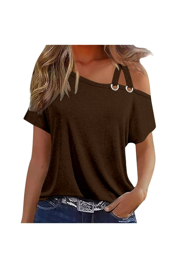 Sexy Cold One Shoulder Tops for Women Summer Short Sleeve Shirts Casual Criss Cross Asymmetric Neck T-Shirt Tee Business Basic Solid Loose Fitting Blouse