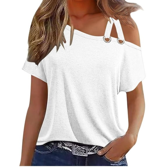 YUGYXL Sexy Cold One Shoulder Tops for Women Summer Short Sleeve Shirts Casual Criss Cross Asymmetric Neck T-Shirt Tee Business Basic Solid Loose Fitting Blouse