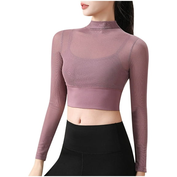 YUGYXL Sheer Mesh Crop Tops for Women Seamless Workout Top Long Sleeve Athletic Shirts Gym Yoga T-Shirt Sports Tees Purple L