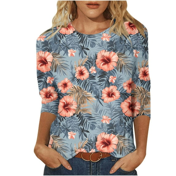 YUGYXL Shirts for Women 3/4 Length Sleeve Tee Tops Casual Round Neck T Shirts Summer Floral Print Dressy Blouses Gray L