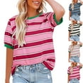thumbnail image 1 of YUGYXL Short Ruffle Sleeve Shirts for Women Summer Fashion Striped Tshirts Blouses Crew Neck Tops Vacation Tees Hot Pink L, 1 of 9