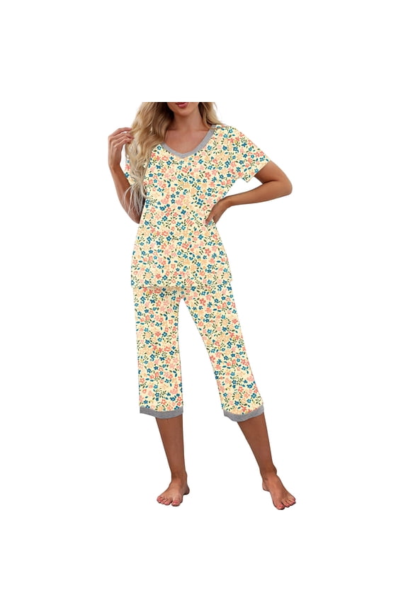 Short Sleeve Capris Pajama Set for Women Ladies Floral Print Sleepwear 2 Piece Lounge Set New Spring Summer Beige XL