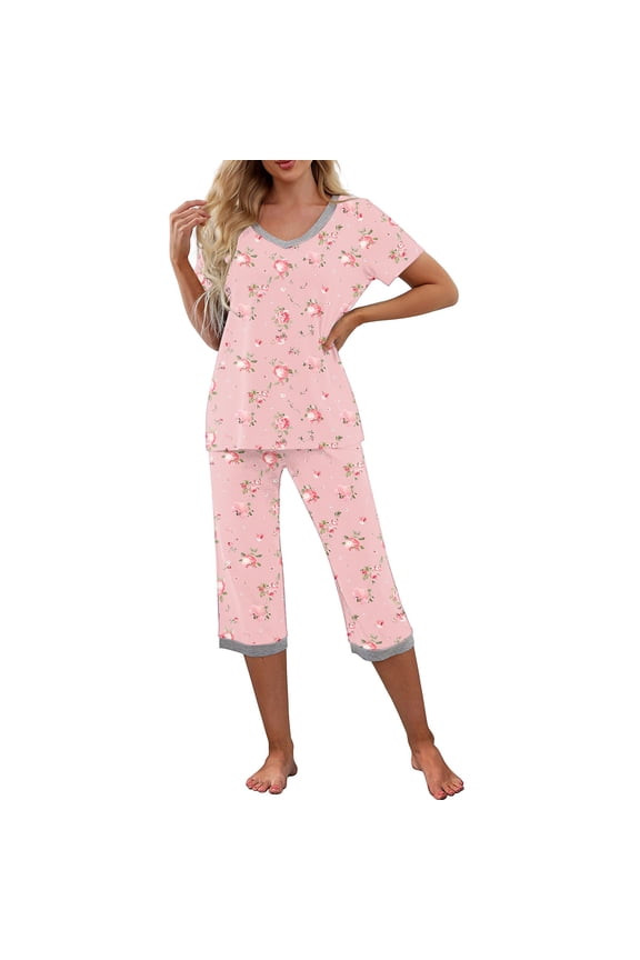 Short Sleeve Capris Pajama Set for Women Ladies Floral Print Sleepwear 2 Piece Lounge Set New Spring Summer Pink L