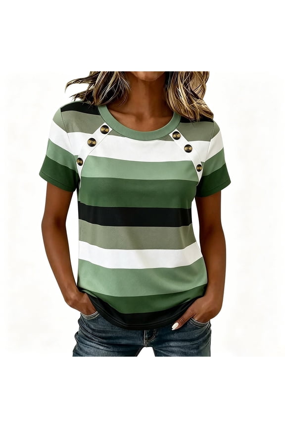 Short Sleeve Tops for Womens Summer Crew Neck Shirts Crew Neck Patchwork Tunics Petite Tshirts Army Green Top S