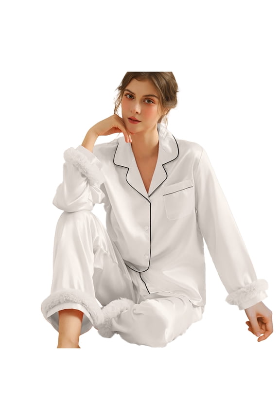 Silk Satin Pajama Set for Women Long Sleeve Lounge Sets Sleepwear Casual V Neck Lapel Tops and Pants Comfy Nightwear White M