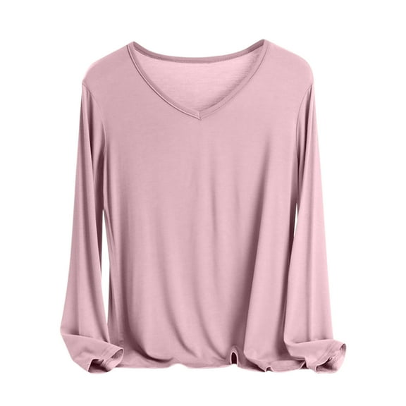 YUGYXL Sleep Shirts for Women V Neck Solid Color Lounge Pajamas Top Soft Ladies Long Sleeve Pajama Shirt Pink L