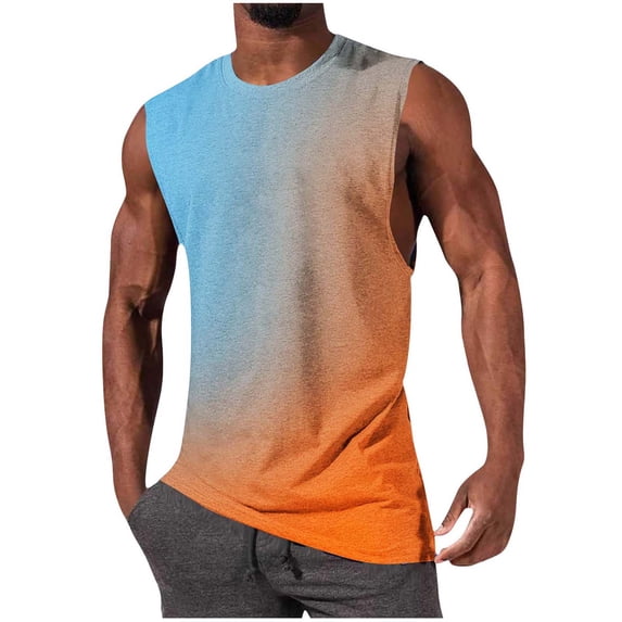 YUGYXL Sleeveless Tank Top for Men Crew Neck Fashion Gradient Print Athletic Shirt Casual Summer Breathable Gym Muscle Tee Orange S