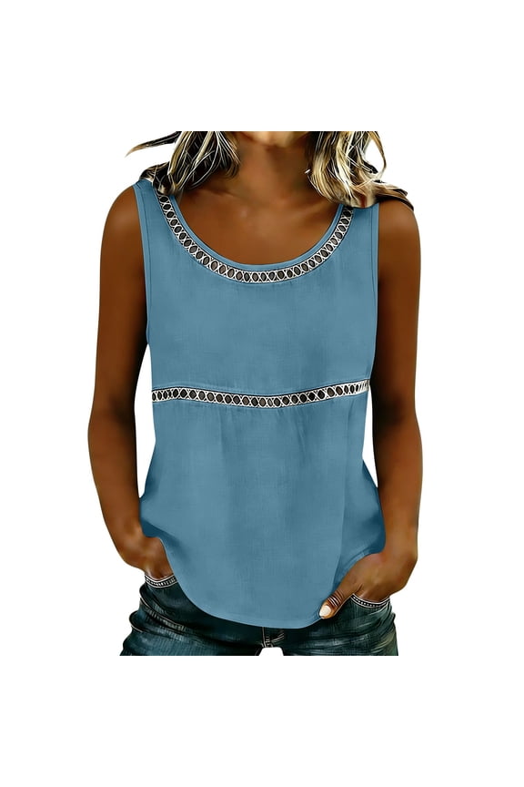 Sleeveless Tops for Women Lace Patch Casual Dressy Blouses Trendy Tank Shirts Round Neck Loose Fit Tunic Top Blue Top L