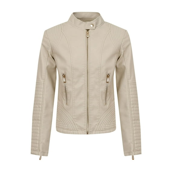 YUGYXL Slim Fit Stylish Vegan Leather Motor Jacket for Women Biker Motorcycle Coat Zipper Jackets Beige XS