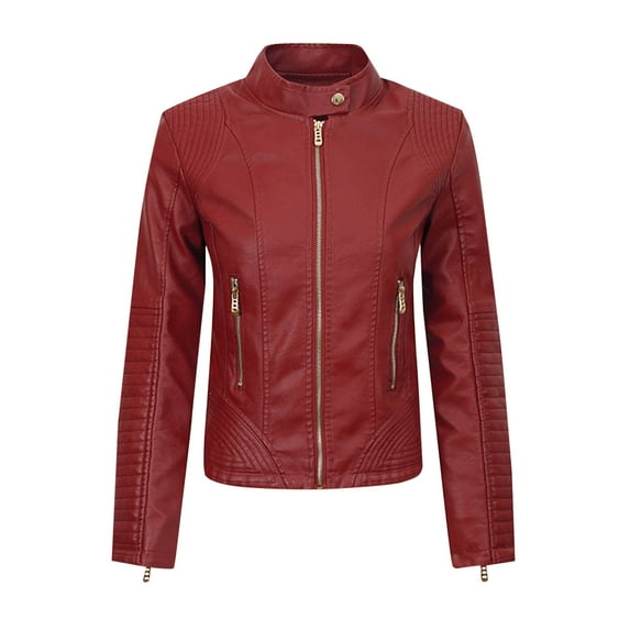 YUGYXL Slim Fit Stylish Vegan Leather Motor Jacket for Women Biker Motorcycle Coat Zipper Jackets Wine L
