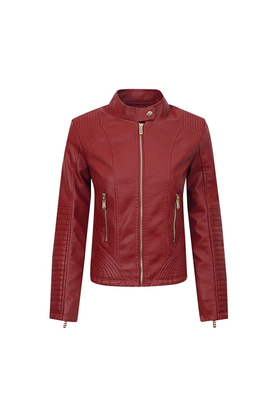 Slim Fit Stylish Vegan Leather Motor Jacket for Women Biker Motorcycle Coat Zipper Jackets Wine L