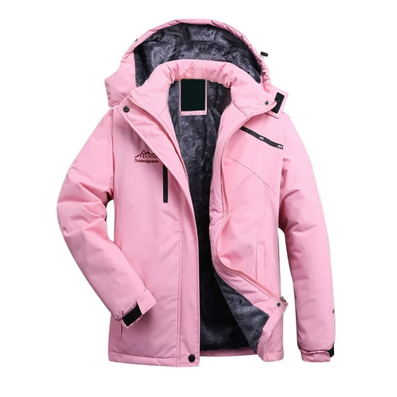 YUGYXL Snow Ski Jackets for women Plus Size Thickened Plush Windbreaker with Hoodie Winter Cycling Hiking Outdoor Coats Windproof Raincoats Gift for Daughter Pink,XXXXL