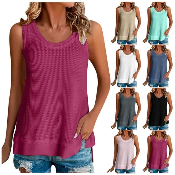 YUGYXL Womens Summer Tank Tops Sleeveless Casual Loose Fit Round Neck Tanks Tees Solid Color Beach Vacation Blouse Today Deals of the Day Blue,S