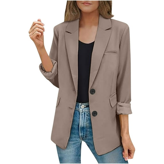 YUGYXL Solid Color Blazer for Women Casual Single Breasted Lapel Work Office Suit Jackets Trendy Long Sleeve Blazers Lightweight Plus Size Business Cardigan Gift for Daughter Khaki,XL