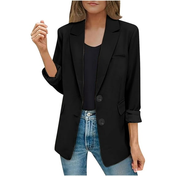 YUGYXL Solid Color Blazer for Women Casual Single Breasted Lapel Work Office Suit Jackets Trendy Long Sleeve Blazers Lightweight Plus Size Business Cardigan Black,S