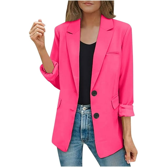 YUGYXL Solid Color Blazer for Women Casual Single Breasted Lapel Work Office Suit Jackets Trendy Long Sleeve Blazers Lightweight Plus Size Business Cardigan Gift for Family Pink,L