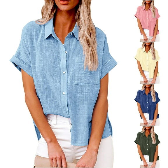 YUGYXL Solid Color Cotton Linen Tops for Women Summer Short Sleeve Lapel Shirt Plus Szie Loose Fit Pullover Fashion Outdoor Streetwear Blouse Blue,XL