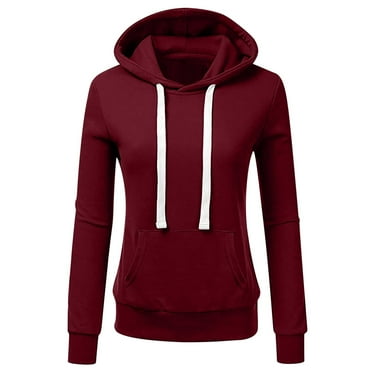 YUGYXL Solid Color Hoodie for Women Casual Long Sleeve Hoodies With Kangaroo Pocket Slim Fit Thin Fleece Drawstring Hooded Pullover Fall Streetwear Sweatshirts Today's Deals Wine,L