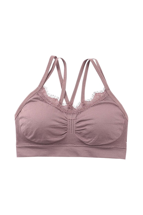 Sports Bras for Women Cross Straps Lace Underwear Bra Full Coverage Everyday Bra Padded Bralettes Lounge Bra Pink Free Size