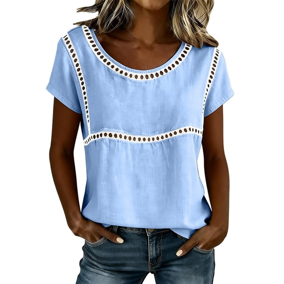 YUGYXL Spring T-Shirts for Women Short Sleeve Crewneck Loose Fit Casual Summer Tops Lightweight Lace Patchwork Tee Blue Tops XL