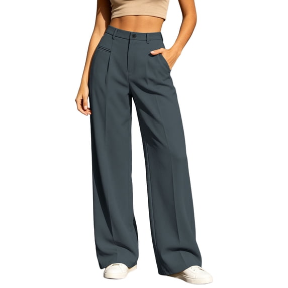 YUGYXL Straight Wide Leg Dress Pants Women High Waist Business Casual Work Pants Flowy Breathable Palazzo Trousers Pockets Gray Pants