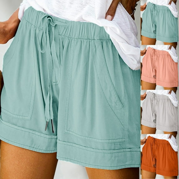 YUGYXL Stretch Waist Short Pants for Women Baggy Plus Size Shorts with Pockets Loose Comfy Drawstring Beach Pants Pink XL