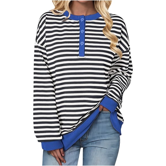 YUGYXL Striped Henley Shirts for Women Fall Winter Long Sleeve Blouses Y2K Comfy Pullover Sweatshirt Blue S
