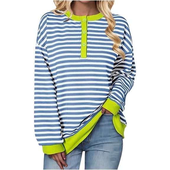 YUGYXL Striped Henley Shirts for Women Fall Winter Long Sleeve Blouses Y2K Comfy Pullover Sweatshirt Light Blue XL