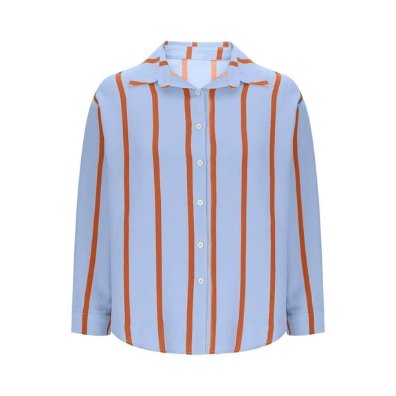YUGYXL Striped Linen Button Down Shirt for Women Loose Long Sleeve Dressy Casual Blouse Fall Collared Tunic Tops Blue S