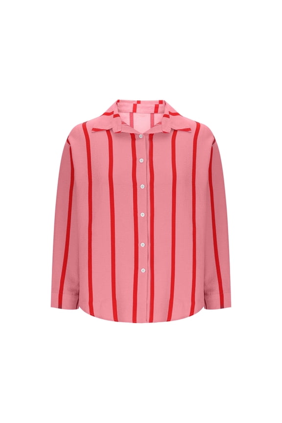 Striped Linen Button Down Shirt for Women Loose Long Sleeve Dressy Casual Blouse Fall Collared Tunic Tops Pink M