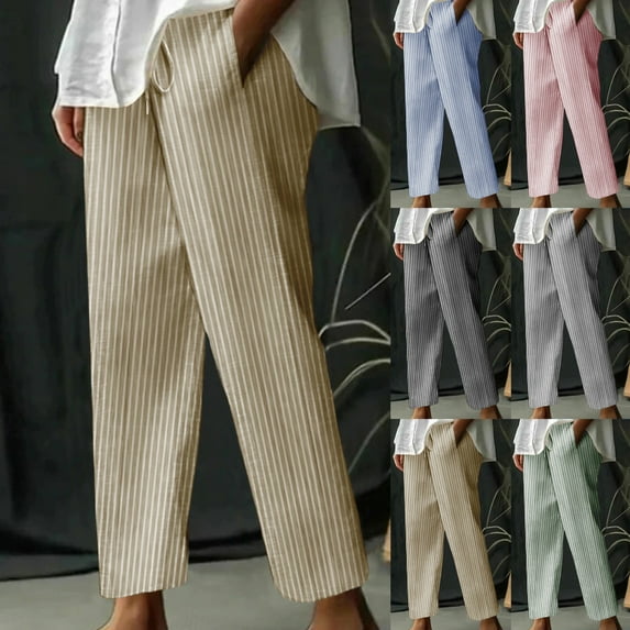 YUGYXL Striped Linen Pants for Women Summer Drawstring Long Pants Stretch Waist Lounge Pants Holiday Trousers Gray XXL