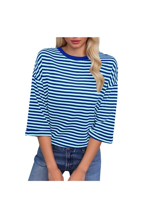 Striped Tshirt Women Bow Tie Back Striped Half Sleeve T Shirts Oversized Crewneck Tee for Daily Wear Vacation Blue M