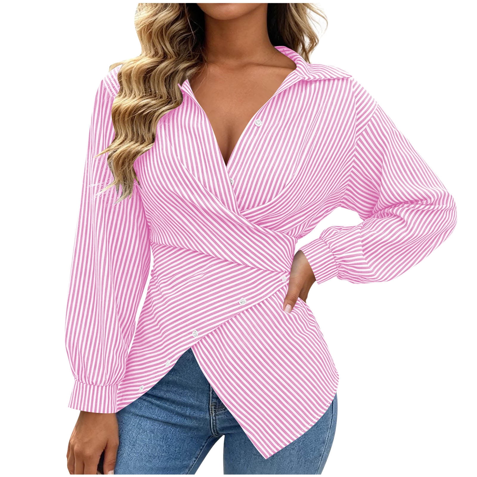 YUGYXL Stripes Cross V Neck Wrap Blouse for Women Fashion Slim Fit