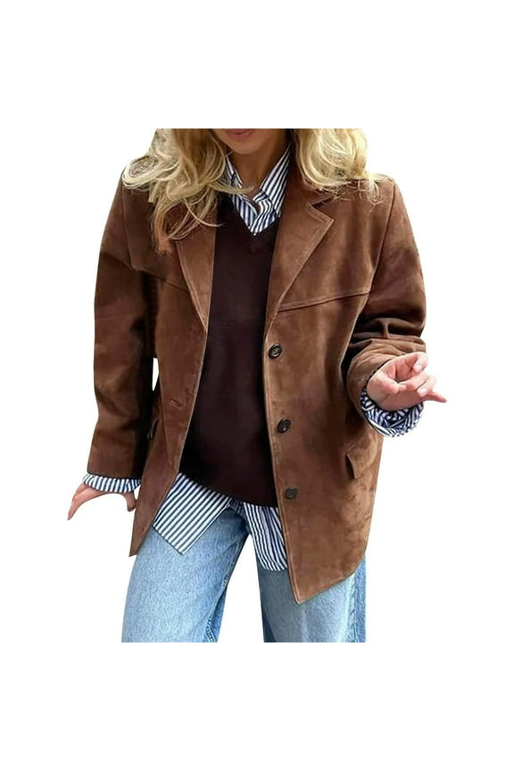 Suede Jacket Y2k Outerwear Faux Leather Jacket Women Fall Fashion Trendy Old Money Oversized Blazers Brown L