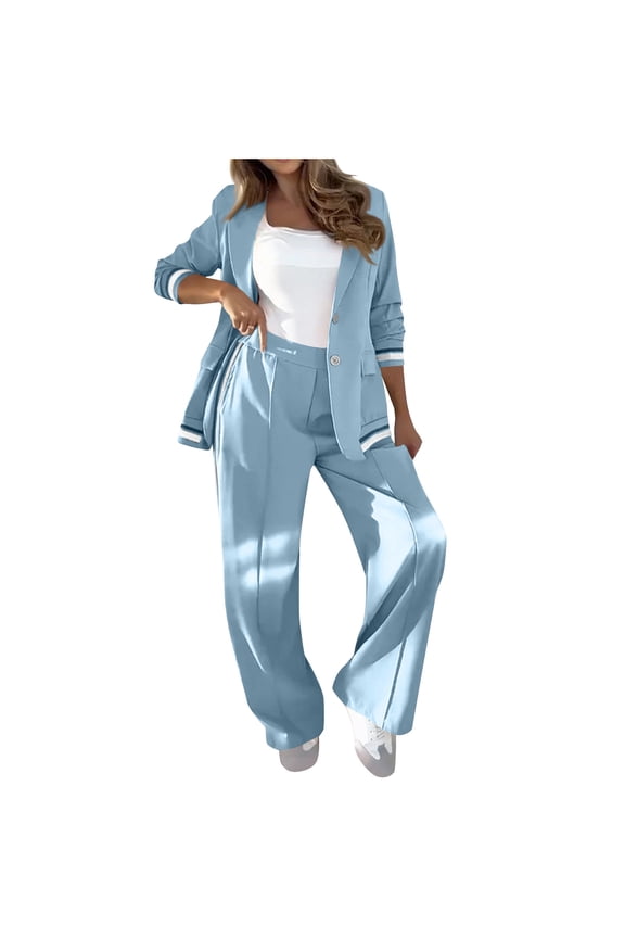 Suit Set for Women Comfy Oversized Blazer Jacket and Wide Leg Pants Suits Notch Lapel Casual Business Dressy Sets Light Blue L