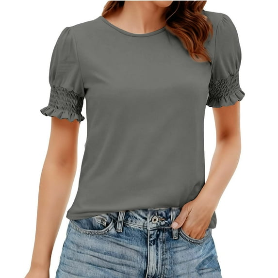 YUGYXL Summer Basic T Shirt for Ladies Elegant Lace Short Sleeve Boat Neck Tee Shirt Tops Ruffle Sleeve Blouses Gray L
