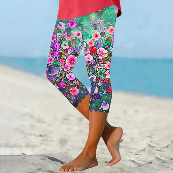 YUGYXL Summer Capri Leggings for Women Fashion Print High Waisted Yoga Pants Casual Stretchy Tummy Control Cropped Pants Soft Milk Silk Leggings Multicolor S