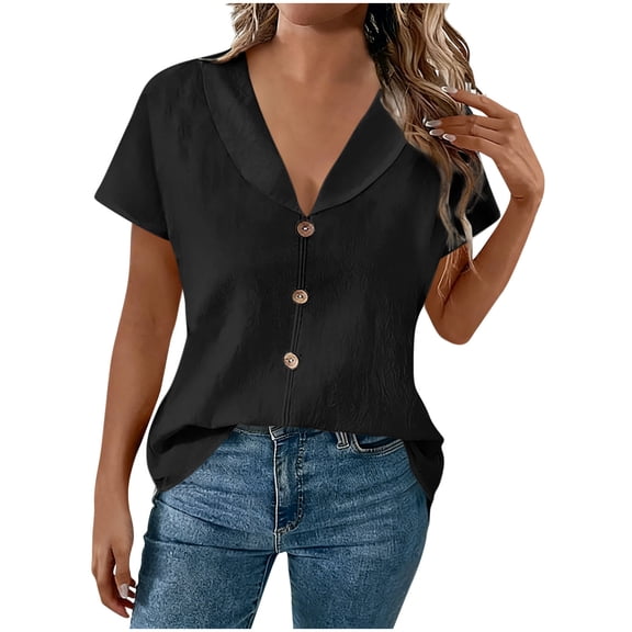 YUGYXL Summer Causal Shirts Cotton Linen Tops for Women Short Sleeve Lapel Collar Shirt Solid Basic Tees Comfy Business Blouse Black XXL
