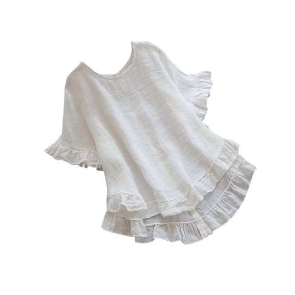 YUGYXL Summer Cotton Linen Tees for Women Trendy Ruffled Short Sleeve Blouse Loose Fit Round Neck Solid Pullover Tops Casual Ruffle Hem T-Shirt