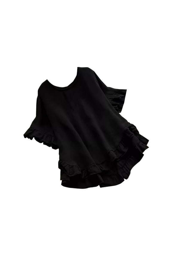 Summer Cotton Linen Tees for Women Trendy Ruffled Short Sleeve Blouse Loose Fit Round Neck Solid Pullover Tops Casual Ruffle Hem T-Shirt