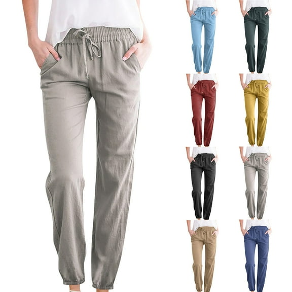 YUGYXL Summer Drawstring Long Pants for Women Cotton Linen Lightweight Tapered Pants with Pockets Business Pants Today Sales Black L