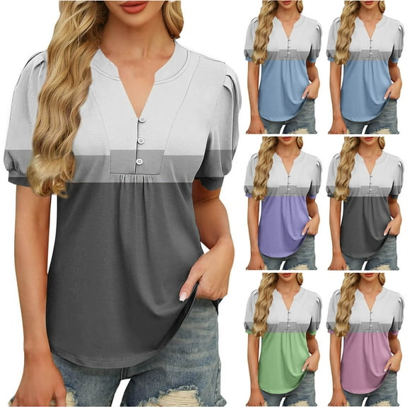 YUGYXL Summer Henley Shirts for Women Patchwork Short Sleeve Tunics Blouses V Neck Puff Sleeve Tops Black M